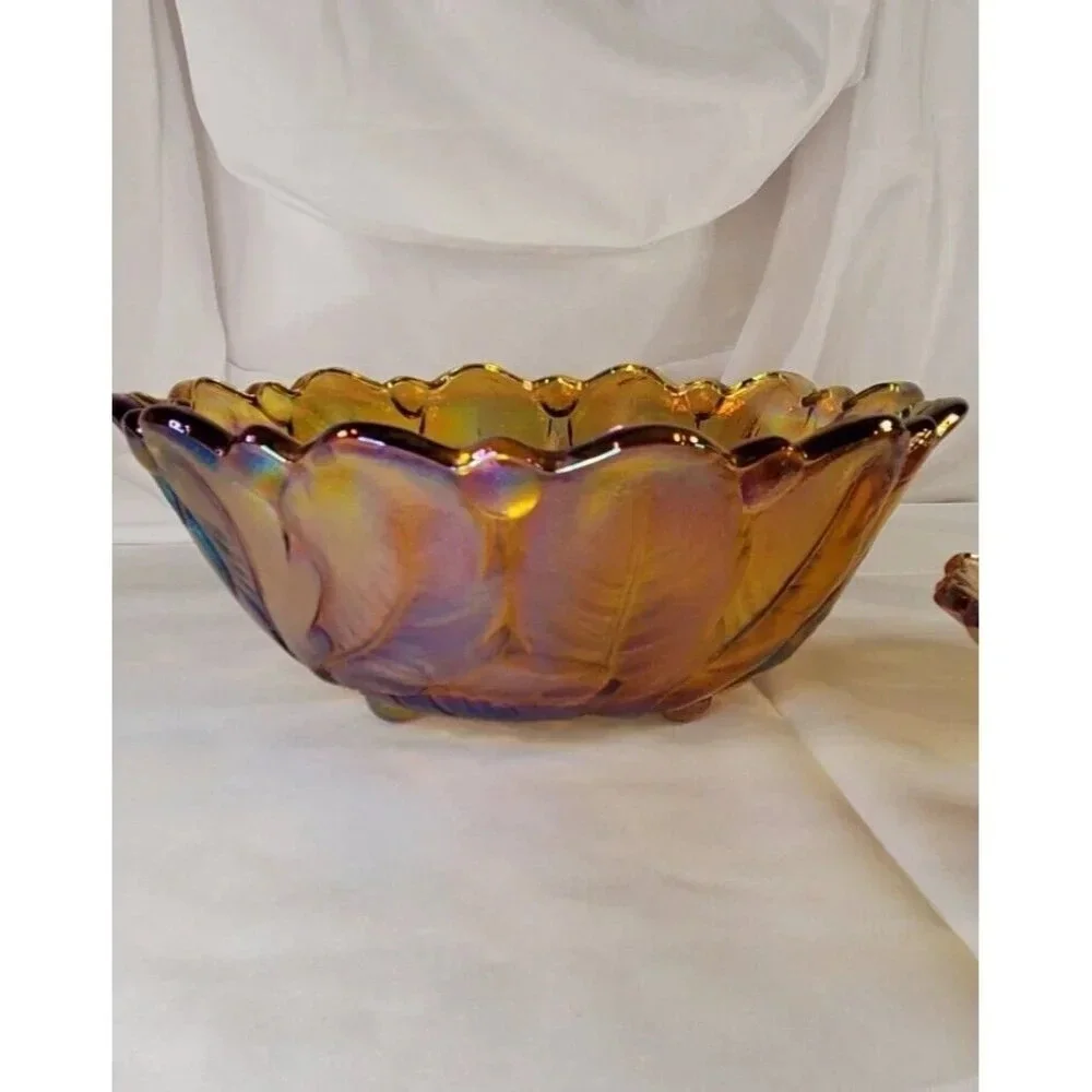 Vtg Indiana Glass Iridescent Gold Carnival Glass #1211 3pc Console Set Footed - Picture 6 of 13